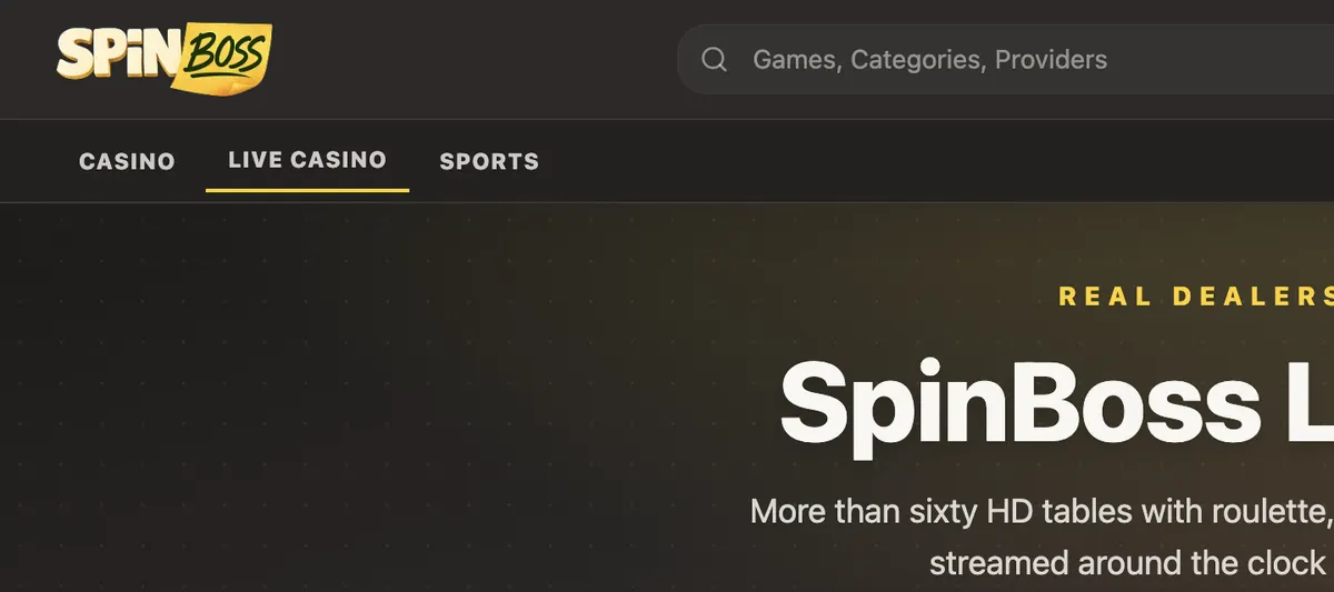 Pagina del live casinò di SpinBoss (interfaccia inglese), acquisita su spinboss.live il 7 settembre 2026